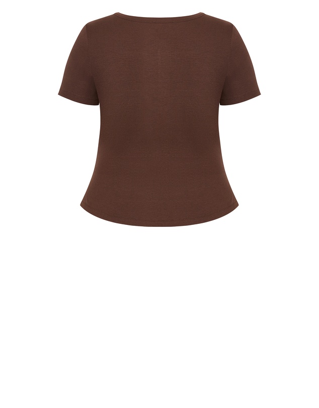 City Chic - Plus size Button Through Short Sleeve Top - chocolate