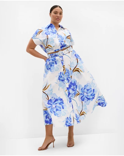 City Chic - Plus size Elysia Paint Print Belted Cotton Skirt - white