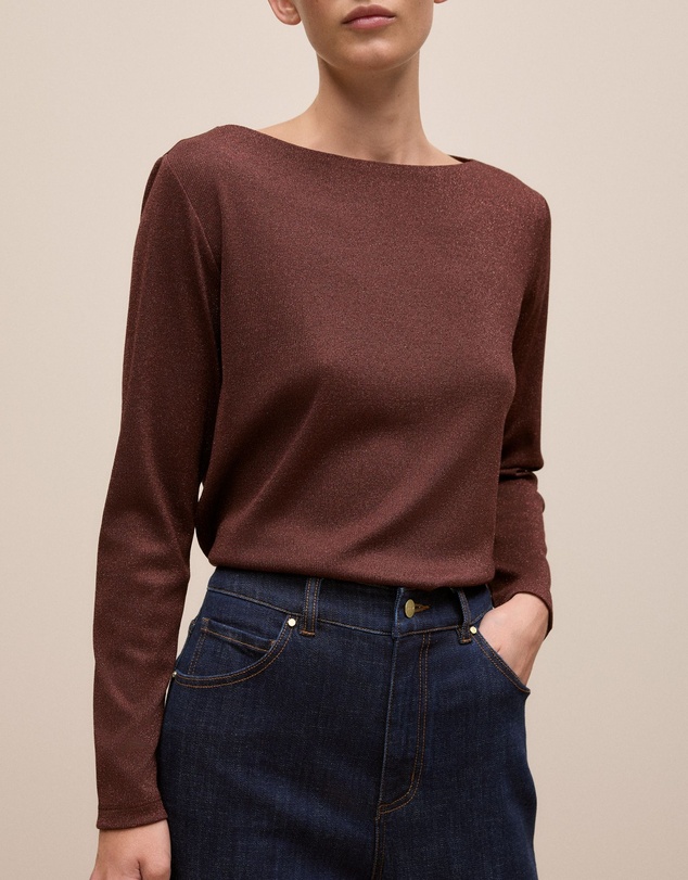 Trenery - Metallic Boat Neck Long Sleeve T-shirt in Espresso