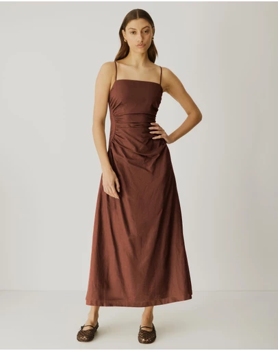 Atmos&Here - Cinch Waist Linen Blend Midi Dress