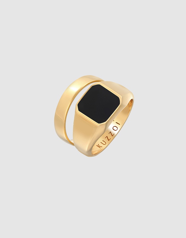 Kuzzoi - ICONIC EXCLUSIVE - Classic Band and Signet Ring Set in Gold-Plated 925 Sterling Silver