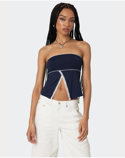 EDIKTED - Lace Trim Split Front Tube Top