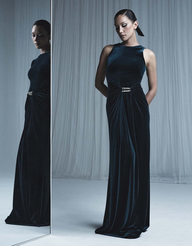 Carla Zampatti - Hunter Green Velvet Gold Detail Maxi Dress