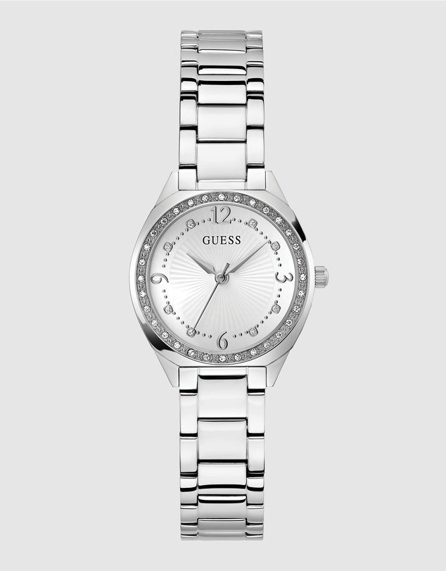 GUESS - Silver-Tone 30mm White Dial with Crystal Bezel Women's Watch