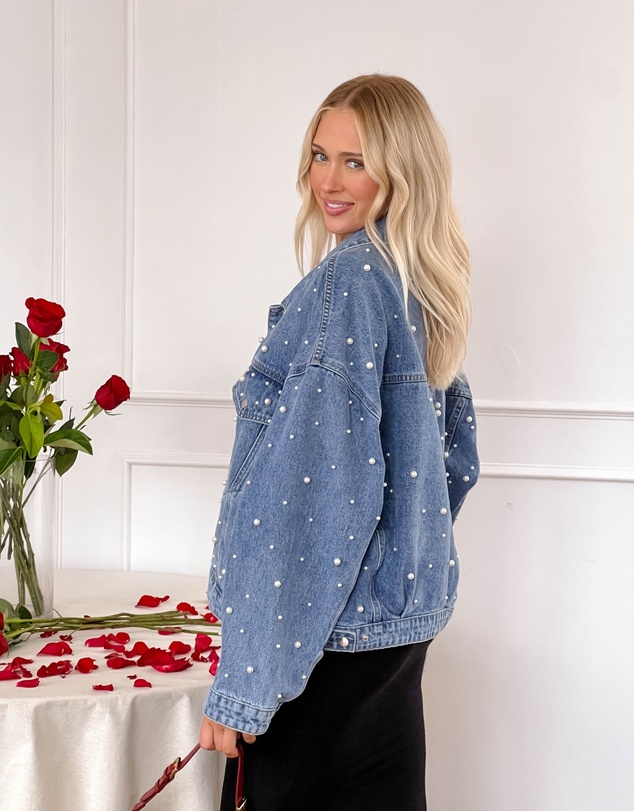 Beginning Boutique - Denim Dazzle Pearl Mid Wash Denim Jacket