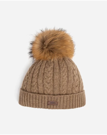 Ozwear Connection Uggs - Ugg Cable Knit Pure Cashmere Beanie With Detachable Pom Pom (Raccoon)