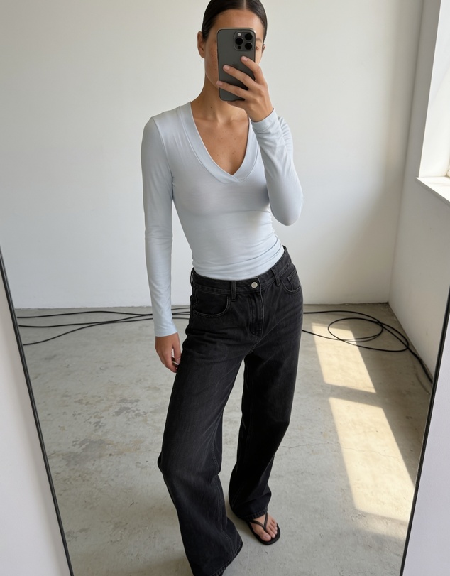 Style Addict - Margaux Deep V Henley Top - Baby Blue