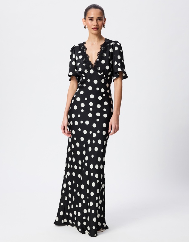 Tussah - Camille Flutter Sleeve Lace Trim Polka Dot Maxi Dress