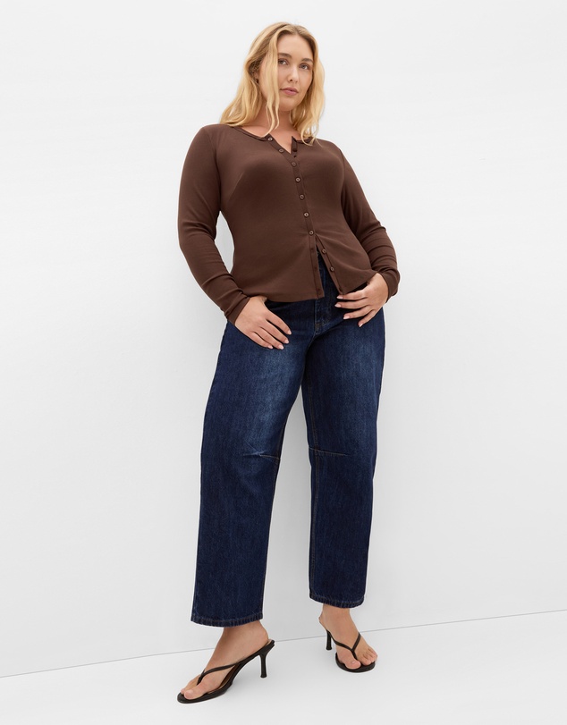 City Chic - Plus size Button Through Knit Top - chocolate
