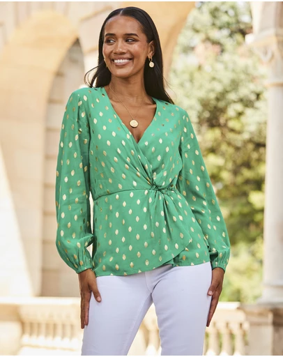 Sosandar - Metallic Fleck Print Blouson Sleeve Knot Front Top