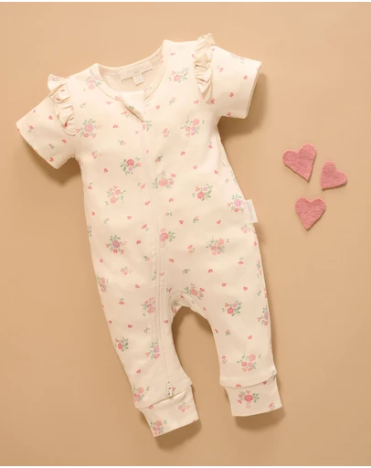 Purebaby - Heart Floral Ruffle Zip Growsuit -Kids-Babies