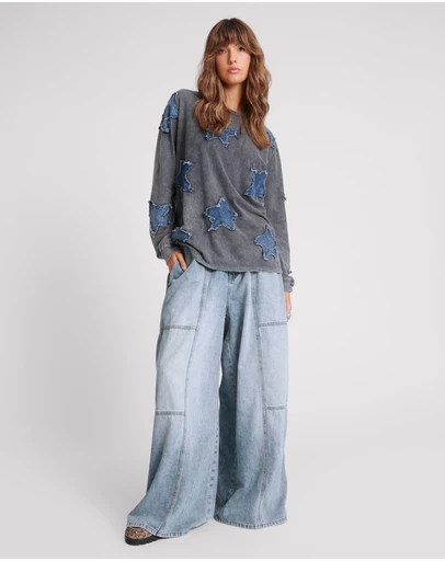 ONE TEASPOON - Blue Blossom Denim Palazzo Pants