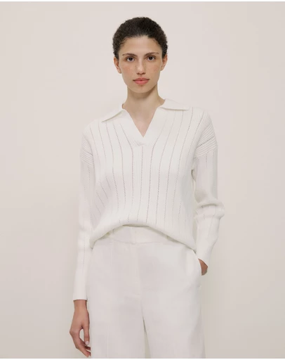 Trenery - Cotton Cashmere Fine Cable Polo in Cream
