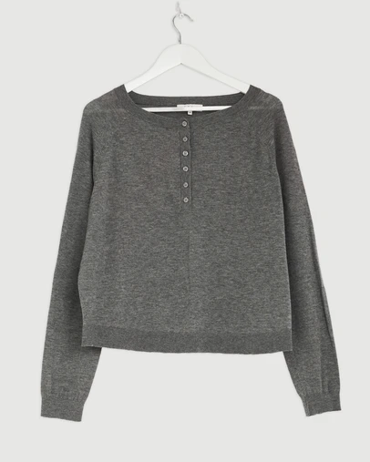 Revibe - Repaired AERE Asha Semi-Sheer Merino Wool Henley Top - AU 16