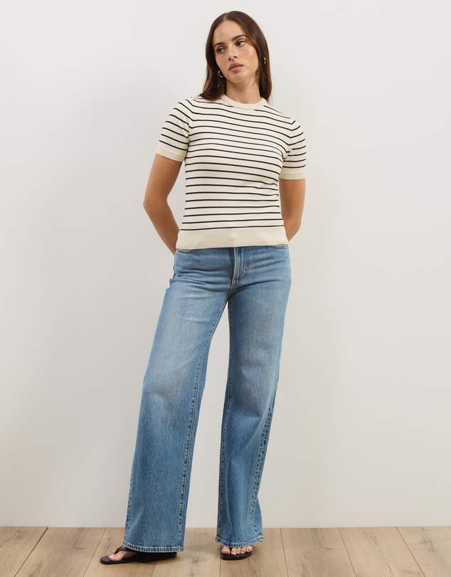 Atmos&Here - Short Sleeve Fine Knit Stripe Top