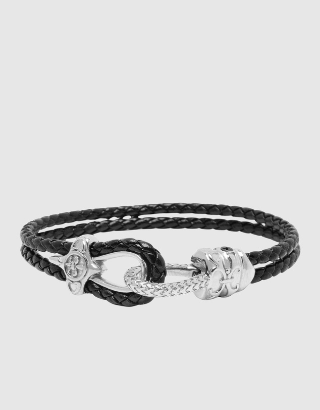 Nialaya Jewellery - Black Leather Bracelet with Silver Rope Clasp