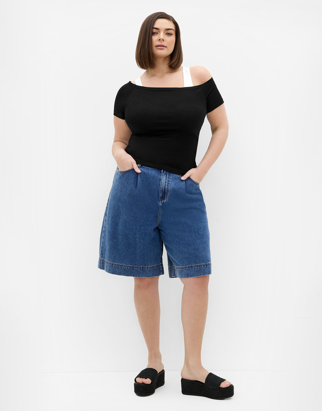City Chic - Plus size Off Shoulder Double Layer Top - black