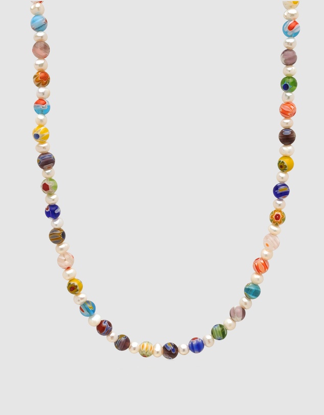 Nialaya Jewellery - Men's Pearl Necklace with Hand-Painted Glass Beads