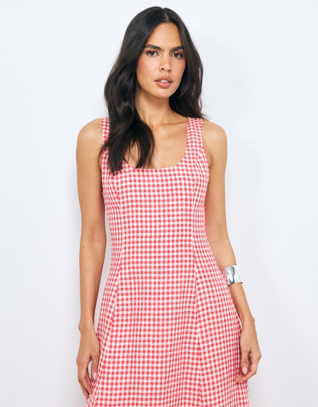 AERE - Romy Gingham Linen Midi Dress