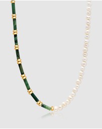 Nialaya Jewellery - Beaded Necklace with Freshwater Pearls and Green Jade