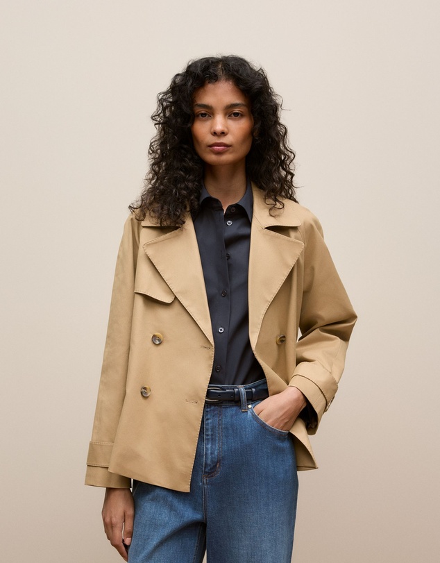Trenery - Cotton Twill Cropped Trench Coat in Dark Camel