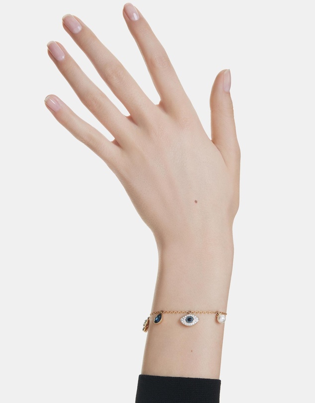 Swarovski - Symbolica bracelet, Crystal pearl, Clover, evil eye and horseshoe, Blue, Gold-tone plated