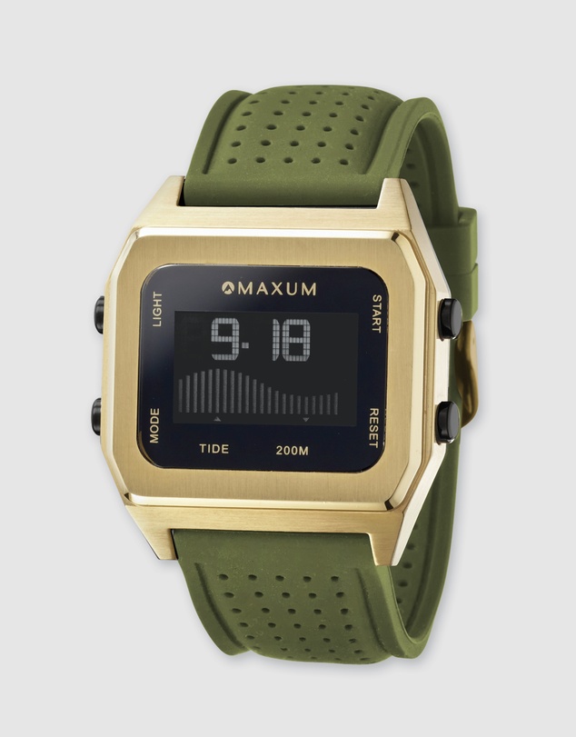 Maxum - Raglan Tide Watch – Gold Case, Black Dial & Green Silicone Strap