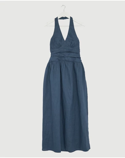 Revibe - Repaired AERE Jem Halter Linen Maxi Dress - AU 8