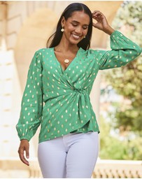 Sosandar - Metallic Fleck Print Blouson Sleeve Knot Front Top