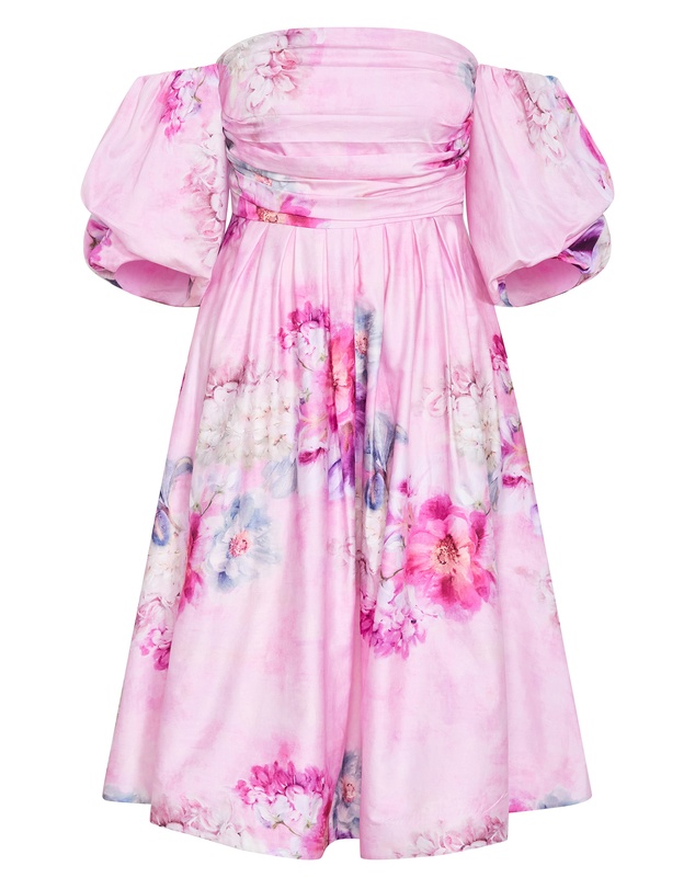 City Chic - Plus size Rosalee Garden Print Puff Sleeve Midi Dress - pink