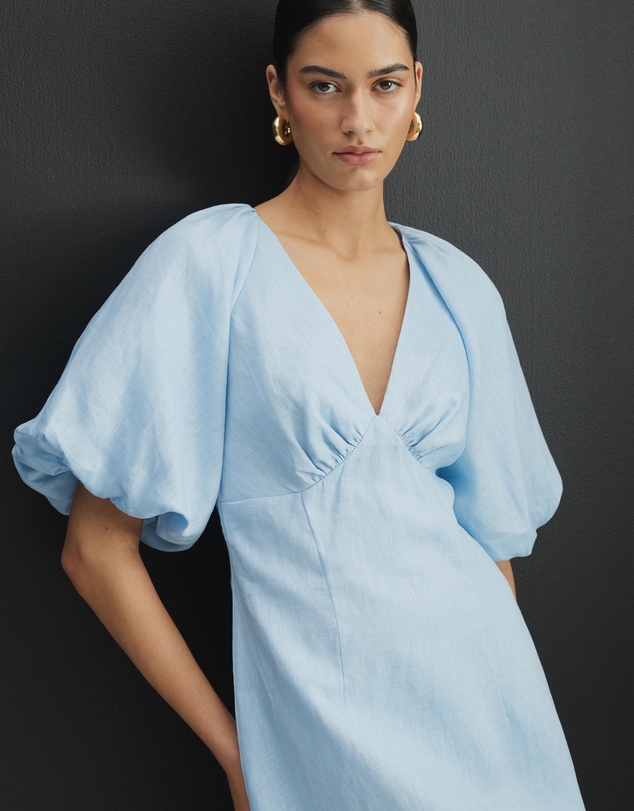 AERE - Imogen Linen Puff Sleeve Midi Dress