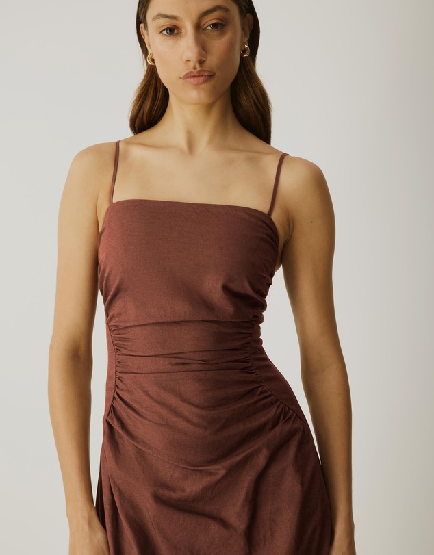 Atmos&Here - Cinch Waist Linen Blend Midi Dress