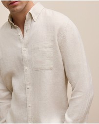 Trenery - Regular Fit Linen Micro Check Long Sleeve Shirt in Stone