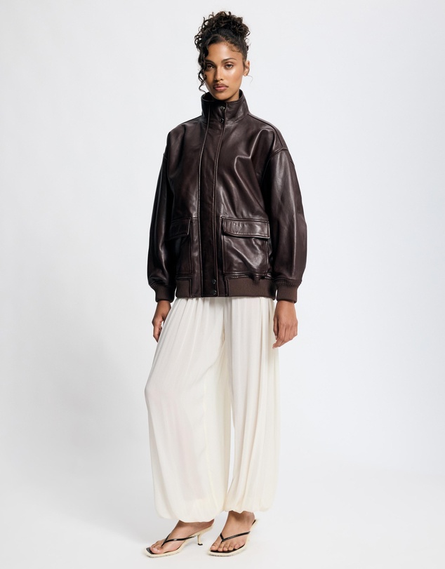 Lover - Byron Oversized 100% Leather Funnel Neck Bomber Jacket