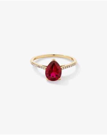 Michael Hill - Pear Cut Red Created Ruby Gemstone and Diamond Ring in 10kt Yellow Gold
