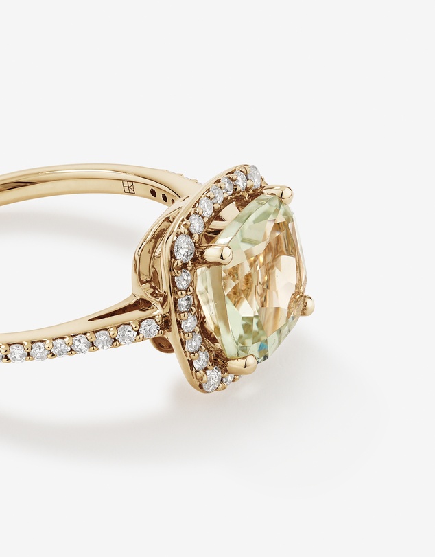Michael Hill - Cushion Cut Green Amethyst Gemstone and 0.25 Carat TW Diamond Halo Ring in 10kt Yellow Gold