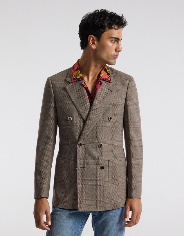 Calibre - Double-Breasted Glen Check Wool Blazer Mahogany