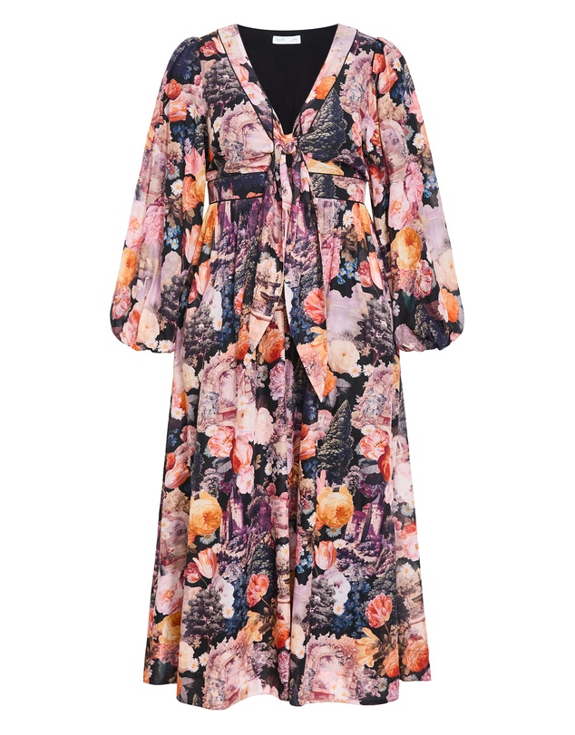 City Chic - Plus size Sheer Bloom Print Tie Front Maxi Dress - rose