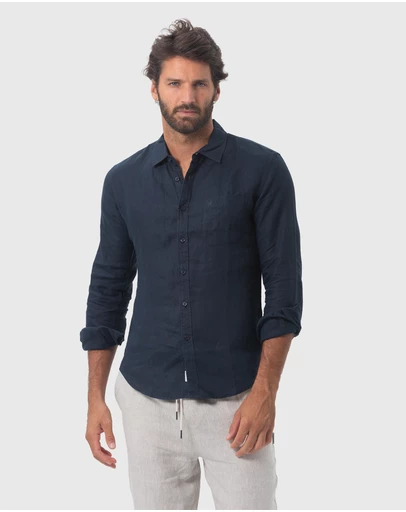 Coast Clothing - Long Sleeve Linen Shirt in Navy Blue