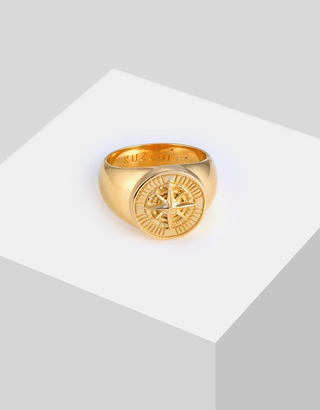 Kuzzoi - ICONIC EXCLUSIVE - Ring Signet Trend Compass Oxidised in 925 Sterling Silver gold plated
