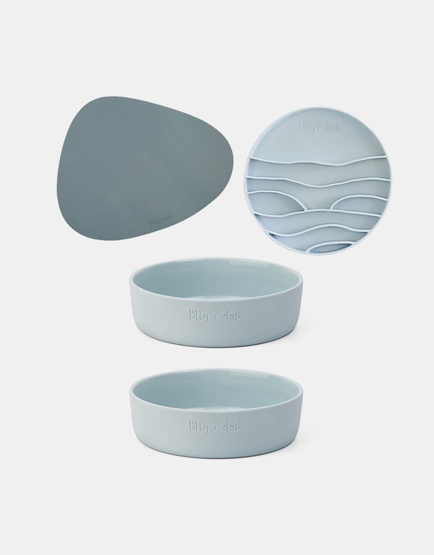 Lilly + Dash - Dog Eat and Drink Set – 2 Bowls + Lick Insert + Blue Placemat Set