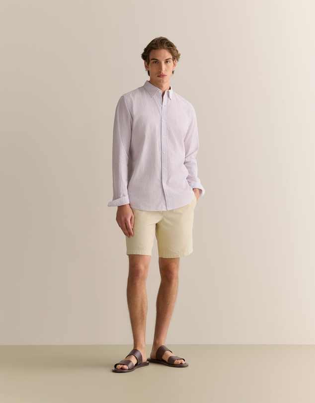 Trenery - Regular Fit Cotton Seersucker Stripe Shirt in Wedgewood Blue