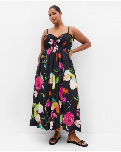 City Chic - Plus size Malina Sketch Print Shirred Maxi Dress - black