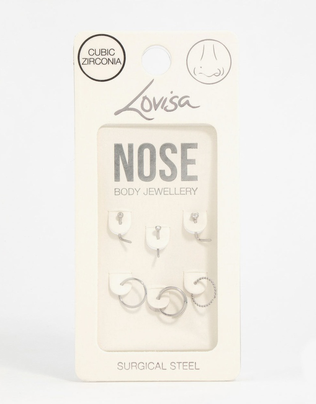Lovisa - Surgical Steel Cubic Zirconia Simple Mixed Nose Ring & Stud 6-Pack