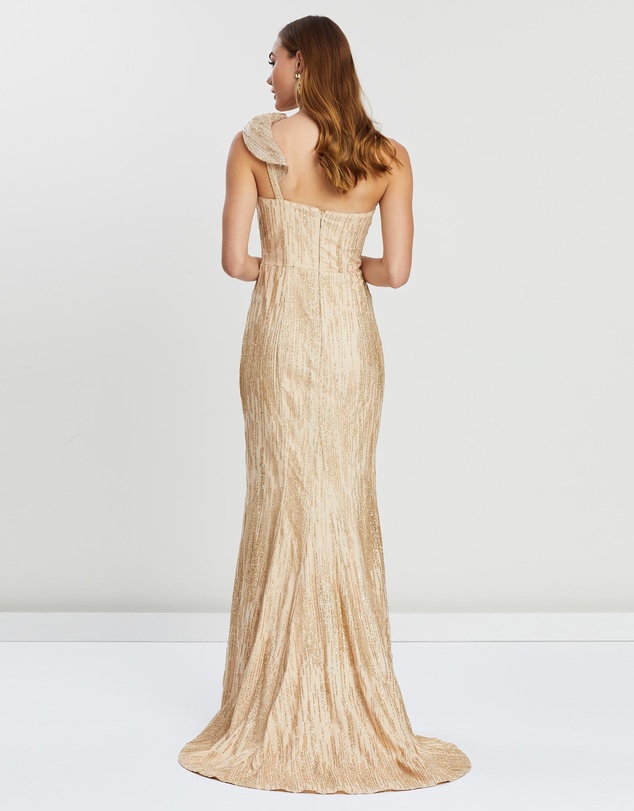 Bariano - Viva Ruffle Shoulder Glitter Gown