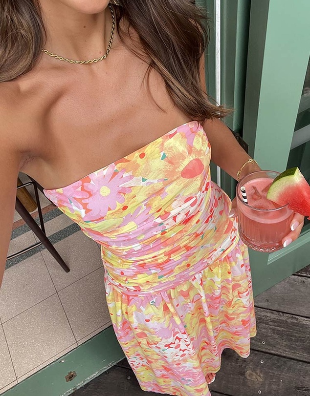Beginning Boutique - Sinclair Yellow Floral Print Strapless Maxi Dress