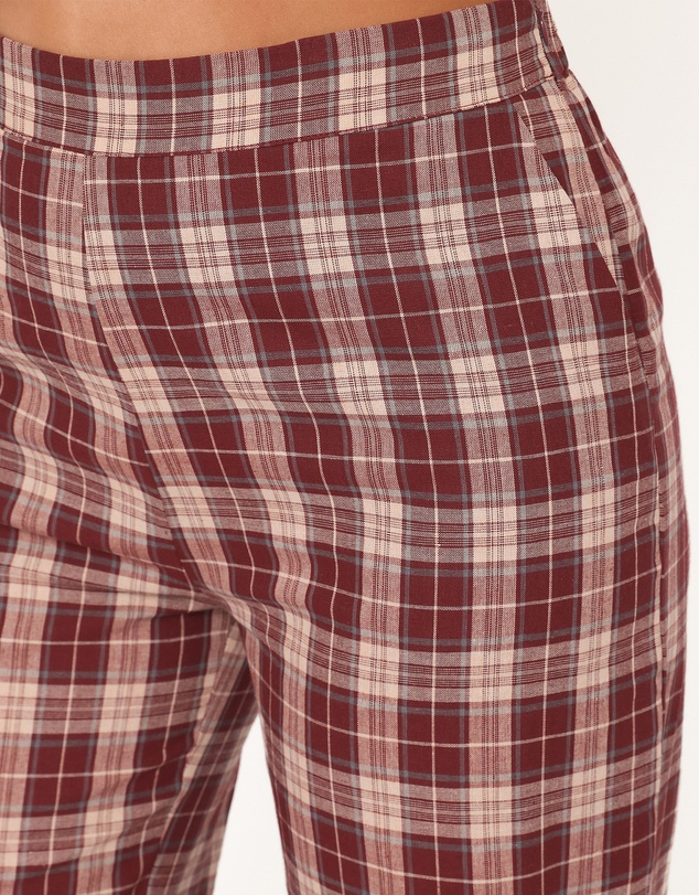Petal & Pup - Kaelia Frill Hem Straight Pant - Burgundy Plaid
