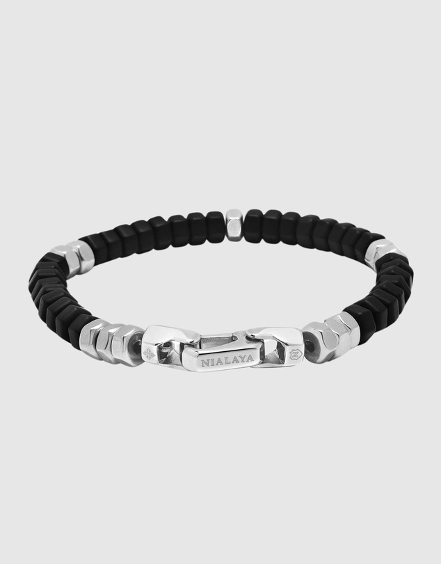 Nialaya Jewellery - Men's Hexagon Beaded Bracelet with Black Onyx and Silver