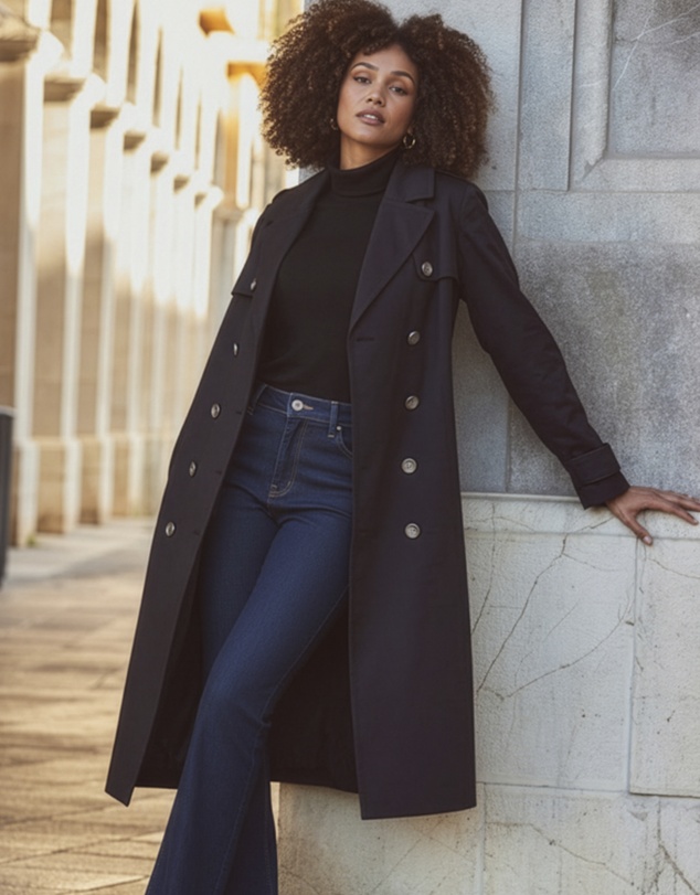 Sosandar - Black Longline Trench Coat With Faux Leather Trim