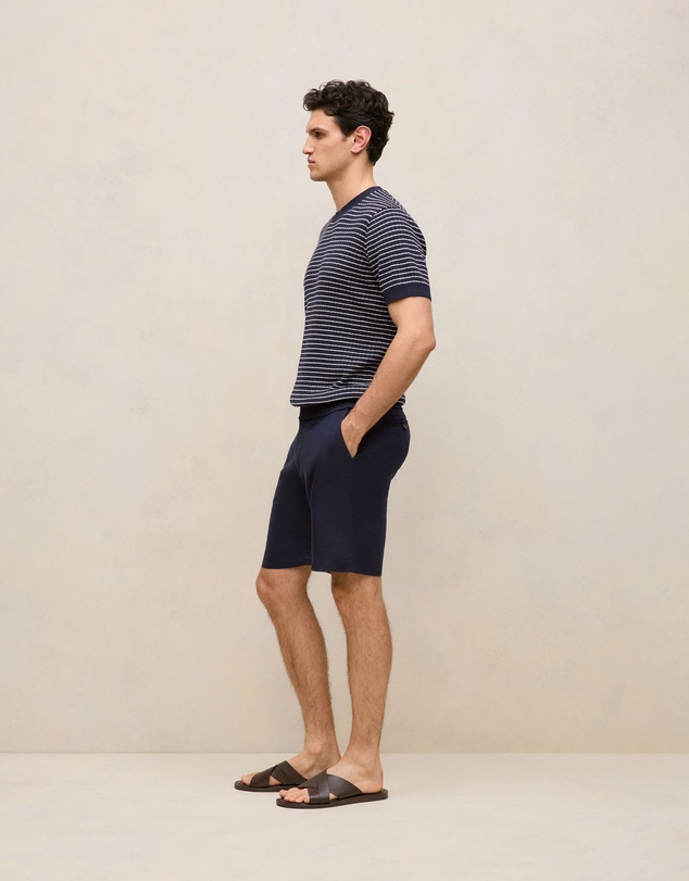 Trenery - Linen Cotton Rib Stripe Knit T-shirt in Navy